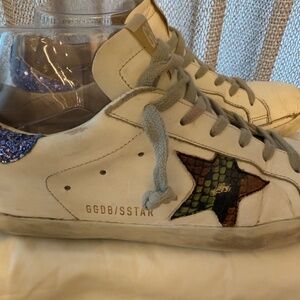 Golden Goose Superstar Sneakers – Glitter Heel & Snakeskin Star | Size 38